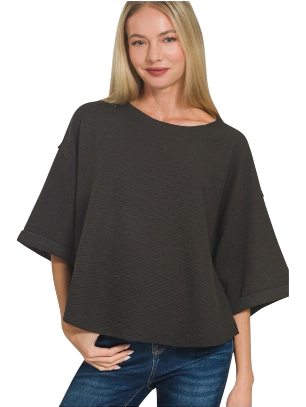 7167. DOUBLE KNIT EXPOSED SEAM CURVED HEM SHORT SLEEVE TOP